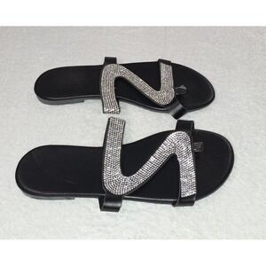 NWOT Faux Leather black Rhinestone Slide Sandals Shoes size 6